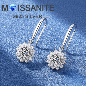 A pair of 925 sterling silvery 0.5ct*2 moissanite sunflower dangling earrings, fashionable couple style, elegant and gentle style, suitable for women's birthday gifts, anniversary gifts, suitable for daily wear, parties, honeymoons, with gift box