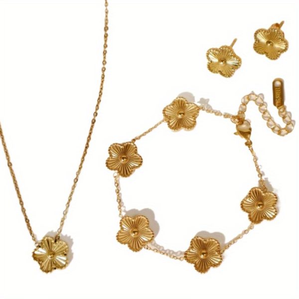 4pcs Stainless Steel Flower Design Jewelry Set - Creative, Fashionable, Simple, Neutral Style for Men and Women, Excellent Daily Gift or Party Wear Choice - Image 5