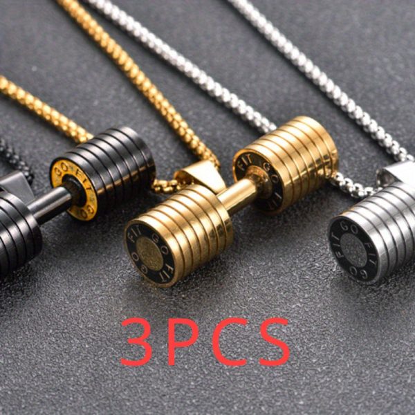 3 piece of stainless steel fitness dumbbell necklace pendant, fashionable sports necklace, titanium steel jewelry, gift for school start season, daily street commuting, party celebration, holiday party wear - Image 5