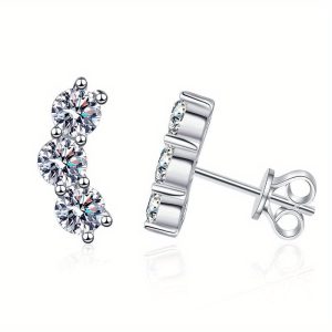 Moissanite Smile Stud Earrings, 3 stone D Color VVS1 Moissanite Earrings For Men, 925 Sterling Silver Earrings, Hypoallergenic Studs, Jewelry Gifts For Women Men