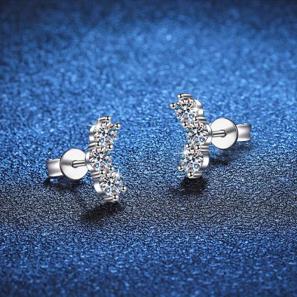 Moissanite Smile Stud Earrings, 3 stone D Color VVS1 Moissanite Earrings For Men, 925 Sterling Silver Earrings, Hypoallergenic Studs, Jewelry Gifts For Women Men - Image 2