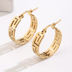 Stainless Steel Hoop Earrings - Vintage Elegant Great Wall Pattern Design, 18K Plated, Personality Female Ear Ornaments for Women, Elegant Style Jewelry Accessories