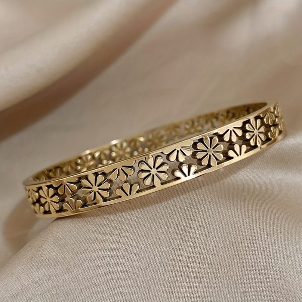 1pc Hollow Flower Shape Stainless Steel Bangle Bracelet For Men Women, Vintage Jewelry - Image 4