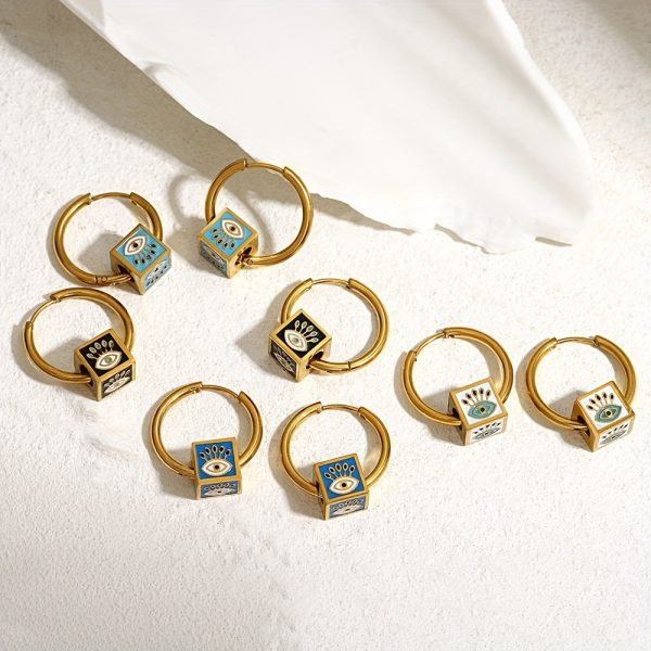 1 Pair Stainless Steel Vintage Punk Square Evil Eye Hoop Earrings For Men, Hip Hop Ear Jewelry - Image 12