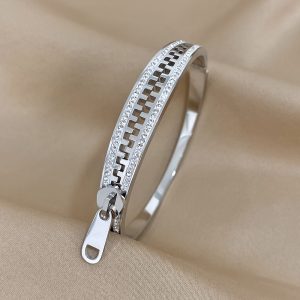 Stunning Gemstone Embellished Stainless Steel Waterproof Zipper Style Bracelet - Luxurious Jewelry for Men and Women - Rust Resistant, Durable, and Stylish Accessory