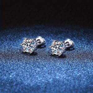 1 Pair of Exquisite AuraBling S925 Sterling Silver Classic D Color Moissanite Stud Earrings - Timeless Earrings with Gift Box, Silver Polishing Cloth, and Sparkling Brilliance