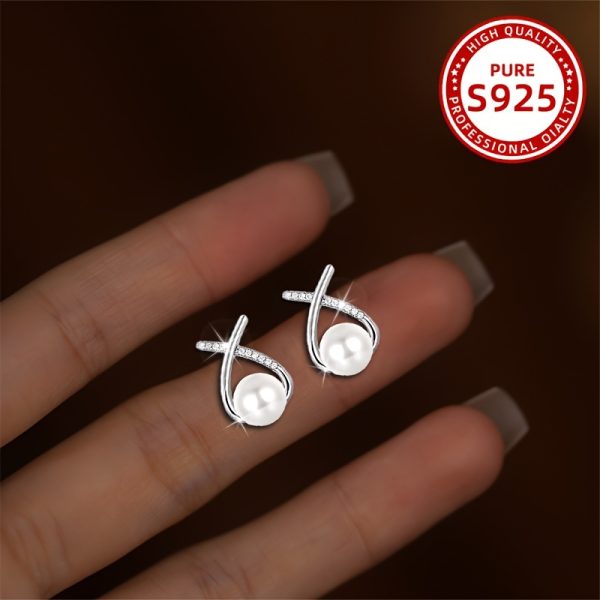Elegant X-Shaped Freshwater Pearl Stud Earrings for Women - 925 Sterling Silvery with Zirconia Accents, Perfect for Daily Wear & Gifting - Image 2