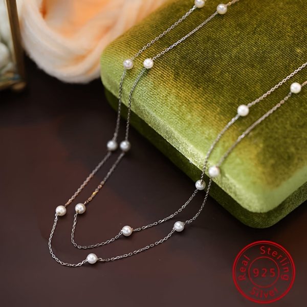 1pc Exquisite S925 Sterling Silver Double Layer Shell Pearl Necklace - Elegant Collarbone Chain with Luminous Pearls and Delicate Craftsmanship - Perfect Gift for Women on Birthday, Mother's Day, Valentine's Day - Image 2