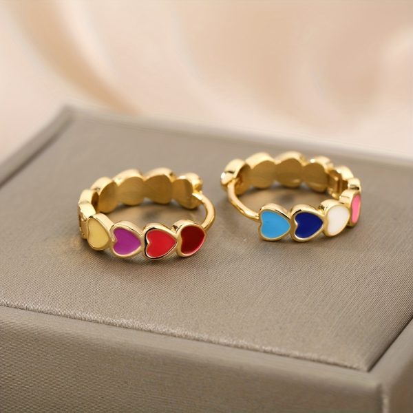 1 Pair Boho Stainless Steel Golden Plated Multicolor Heart Shaped Hoop Earrings For Men - Image 5
