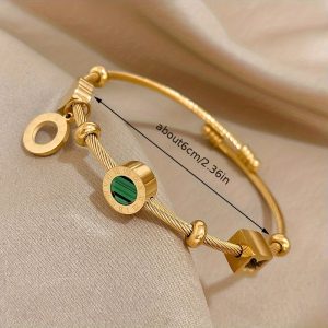 1pc Stainless Steel Retro Punk Style Adjustable Bangle, Golden Color with Elegant Green Stone & Roman Numerals, Ideal for Trendy Party Daily Wear and as Valentine's Day & Christmas Jewelry Gift for Women