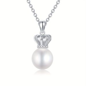 Freshwater Cultured Pearl Pendant Necklace, Genuine White Freshwater Pearl Crown Necklace Birthday Wedding Gift For Women