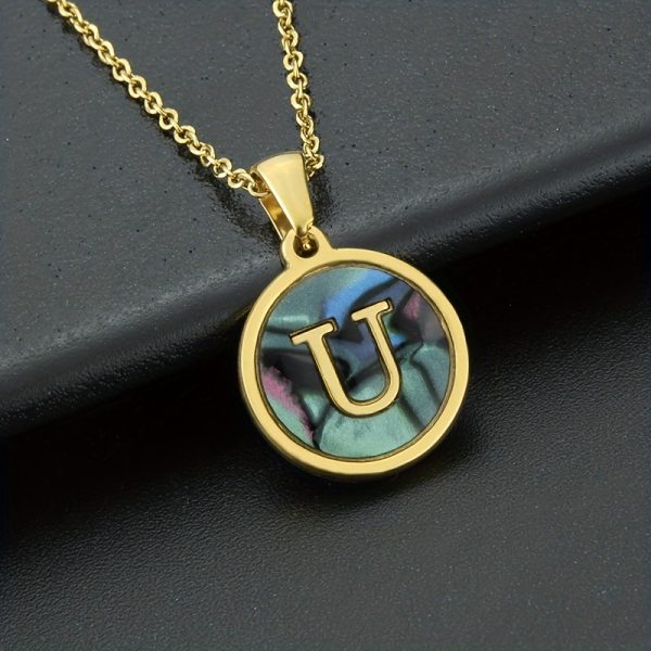 26-Letter Stainless Steel Round Abalone Pendant Necklace for Women - 18K Plated Jewelry with Personalized English Alphabet Letter Charm - Durable, Hypoallergenic, and Nickel-Free Accessories for Women's Everyday Wear - Image 31