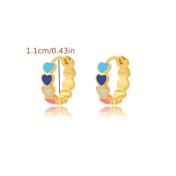 1 Pair Boho Stainless Steel Golden Plated Multicolor Heart Shaped Hoop Earrings For Men - Image 2
