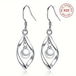 Sterling 925 Silver Freshwater Pearl Rhombus Dangle Earrings - Drop & Dangle Jewelry with Hypoallergenic, Hollow Design, Simple Luxury Style for Daily Casual Wear