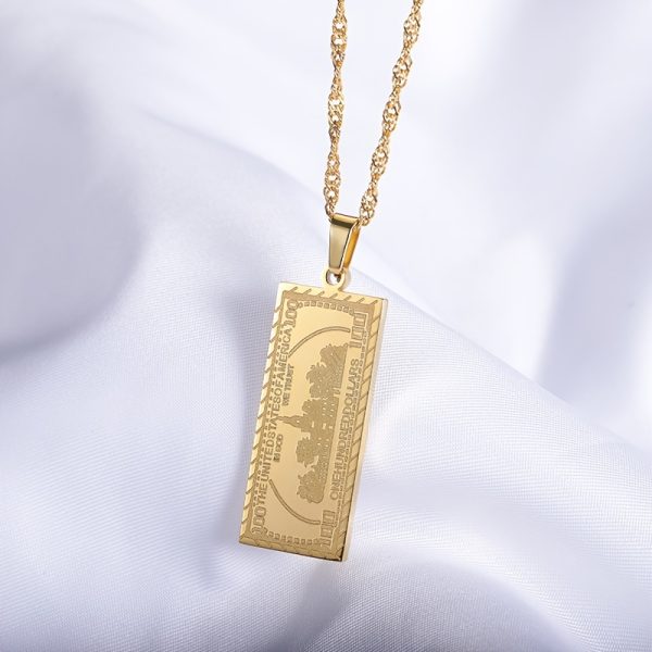 100 Banknote Stainless Steel Punk Pendant Necklace - Men's Hip Hop Fashion Necklaces with Cool Design - Unique Gift for Him - Image 5