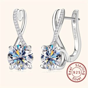1 Pair Moissanite S925 Sterling Silver Hoop Earrings, Infinity Moissanite Earrings For Women Round Moissanite English Lock Earrings, Luxury Party Style Ear Jewelry For Wedding Party Banquet Wearing