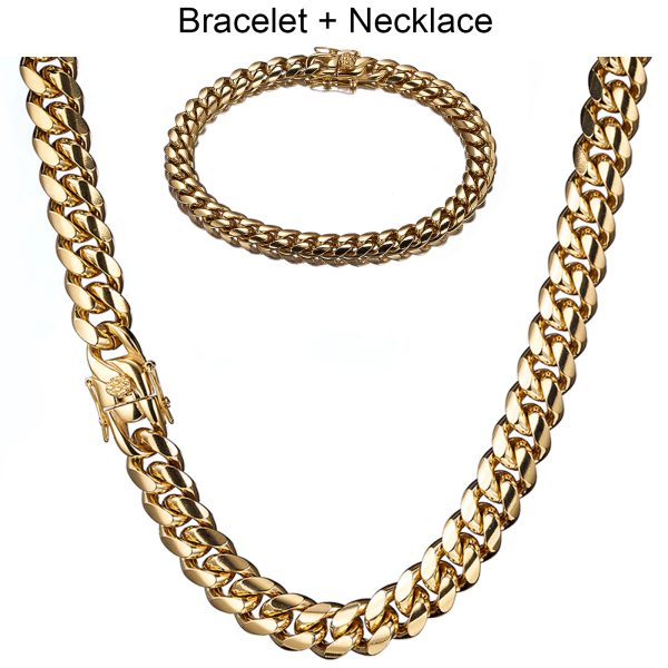 2Pcs Mens Stainless Steel Golden Cuban Chain Golden Bracelet Necklace Jewelry Set - Image 3