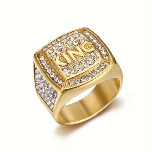 1pc 316L Stainless Steel Hip Hop Punk Style Ring, Luxurious Goldenu002FSilvery King Ring, Inlaid With Rhinestone Ring For Men, Boyfriends Gift Fashion Jewelry