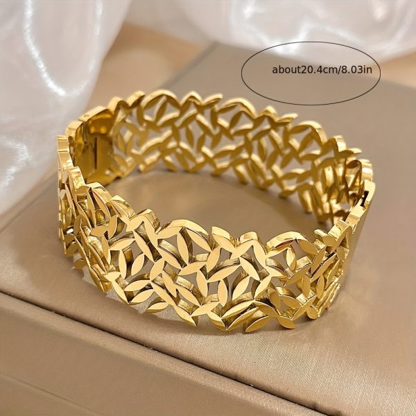 1pc Elegant Leaf-Design Wide Stainless Steel Cuff Bracelet - Unisex Statement Accessory for Casual & Formal Wear - Image 3