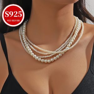 33gu002F1.16oz S925 Sterling Silver Freshwater Pearl Multi-Layered Necklace, Real Round Beads, Baroque Style, Vintage Luxurious, Daily Fashion Accessory, Perfect Gift With Anti-oxidation Box, Women's Elegant Jewelry For Valentine's & Mother's Day
