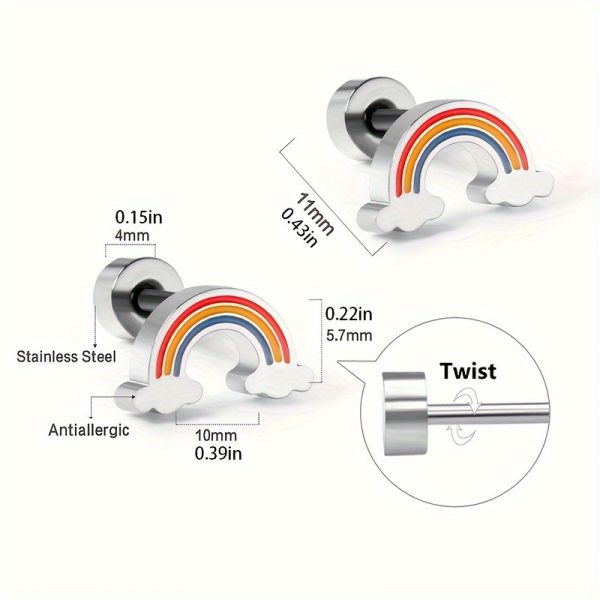 2 Pcs Minimalist Stainless Steel Rainbow Ear Studs with Screw Earrings Needles, Cute and Durable Jewelry - Image 6