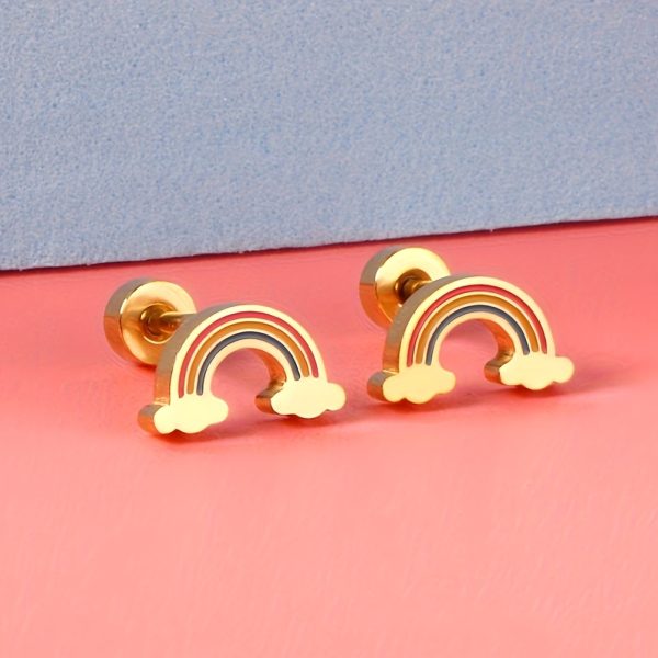 2 Pcs Minimalist Stainless Steel Rainbow Ear Studs with Screw Earrings Needles, Cute and Durable Jewelry - Image 4