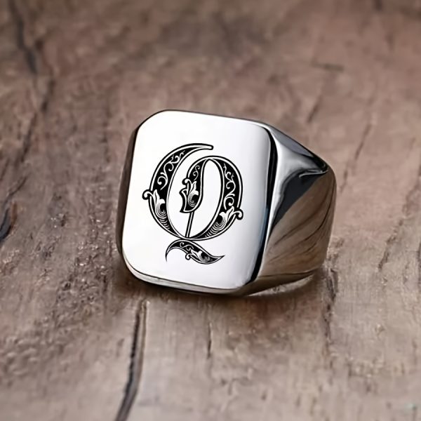 1pc Fashion Trendy 26 Letters Men's Square Stainless Steel Ring - Image 20