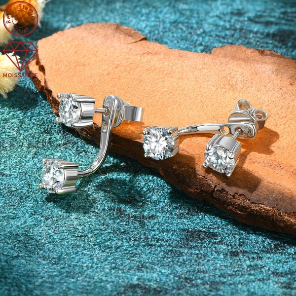 1Pair Ear Jacket Drop Earrings 925 Sterling Silver Real D Color Moissanite Earrings 5mm Round Cut Stud Earrings For Women Jewelry Gifts, With GRA - Image 8