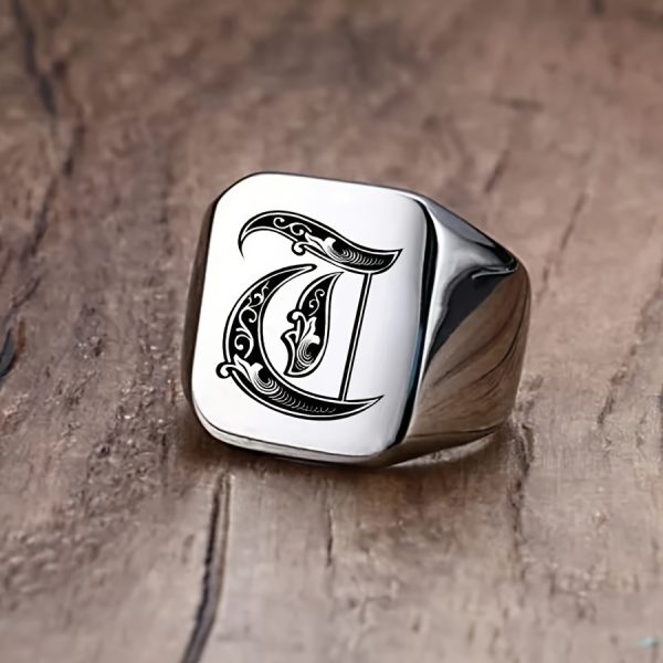 1pc Fashion Trendy 26 Letters Men's Square Stainless Steel Ring - Image 23