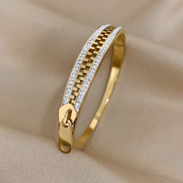 Stunning Gemstone Embellished Stainless Steel Waterproof Zipper Style Bracelet - Luxurious Jewelry for Men and Women - Rust Resistant, Durable, and Stylish Accessory - Image 6
