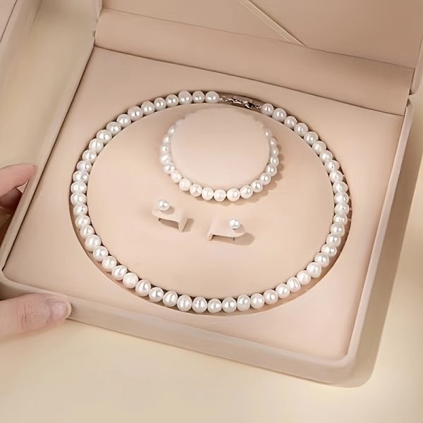 Elegant Freshwater Pearl Jewelry Set for Women - Includes Necklace, Bracelet & Stud Earrings, Milk White, Luxurious Classic Accessories - Image 3