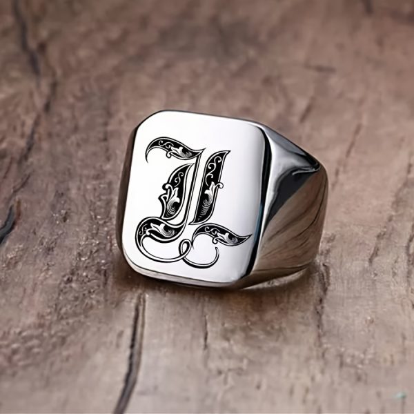 1pc Fashion Trendy 26 Letters Men's Square Stainless Steel Ring - Image 15