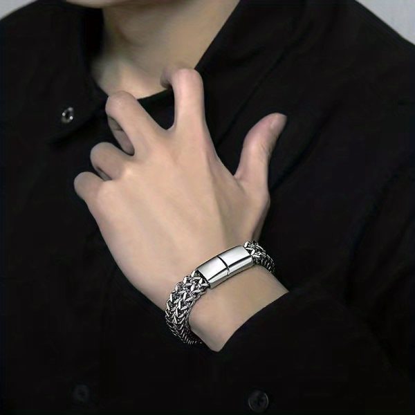 Premium Stainless Steel Mens Braided Chain Bracelet - Stylish Square Links with Magnet Buckle Closure and Yin Yang Design - Hypoallergenic, Durable Jewelry Accessory - Image 4