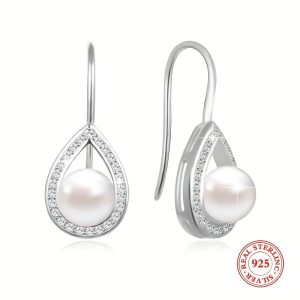 Sterling 925 Silver Hypoallergenic Ear Jewelry Hollow Droplet Shape Freshwater Pearl Inlaid Dangle Earrings Elegant Luxury Style Daily Casual