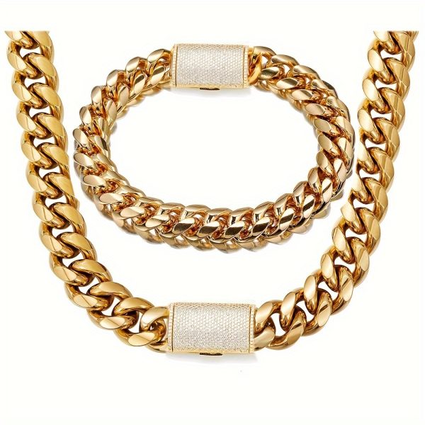 2pcs Thick Hip Hop Jewelry Set - Stainless Steel Cuban Link Chain Necklace and Bracelet for Men - 14MM Buckle, Durable, Shine Finish, Fashionable - Image 6