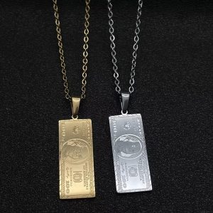 100 Banknote Stainless Steel Punk Pendant Necklace - Men's Hip Hop Fashion Necklaces with Cool Design - Unique Gift for Him