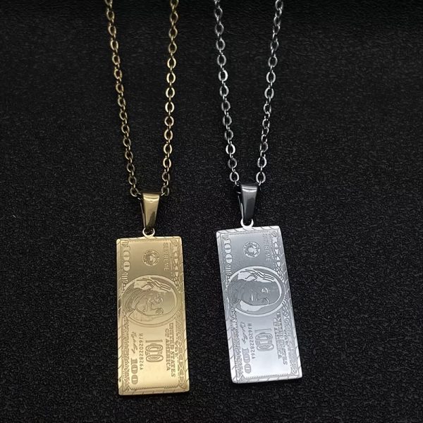 100 Banknote Stainless Steel Punk Pendant Necklace - Men's Hip Hop Fashion Necklaces with Cool Design - Unique Gift for Him