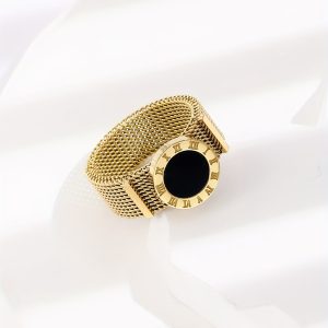 14K Gold Plated Roman Numerals Black Shell Strap Ring For Women Girls Daily Wear