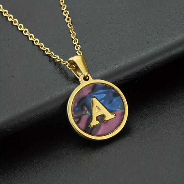 26-Letter Stainless Steel Round Abalone Pendant Necklace for Women - 18K Plated Jewelry with Personalized English Alphabet Letter Charm - Durable, Hypoallergenic, and Nickel-Free Accessories for Women's Everyday Wear - Image 4