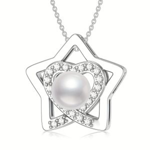 Pearl Necklace 925 Sterling Silver Star Heart Necklace, Single 6mm Freshwater Cultured Pearl Pendant For Women, Pearl Jewelry Gifts For Birthday Wedding Christmas