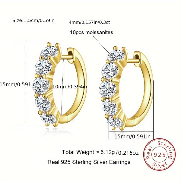 Fashion Hoop Earrings, Moissanite Round Cut 925 Sterling Silver, Hypoallergenic, 14K Gold Plated, for Women, Gift Box Included - Pair (2 Pieces) - Image 7