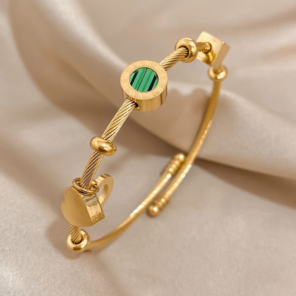 1pc Stainless Steel Retro Punk Style Adjustable Bangle, Golden Color with Elegant Green Stone & Roman Numerals, Ideal for Trendy Party Daily Wear and as Valentine's Day & Christmas Jewelry Gift for Women - Image 6