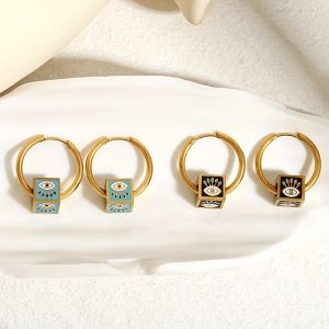 1 Pair Stainless Steel Vintage Punk Square Evil Eye Hoop Earrings For Men, Hip Hop Ear Jewelry