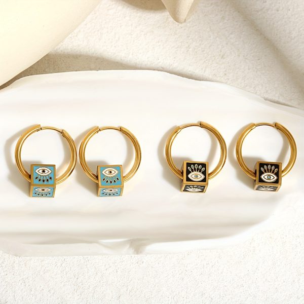 1 Pair Stainless Steel Vintage Punk Square Evil Eye Hoop Earrings For Men, Hip Hop Ear Jewelry