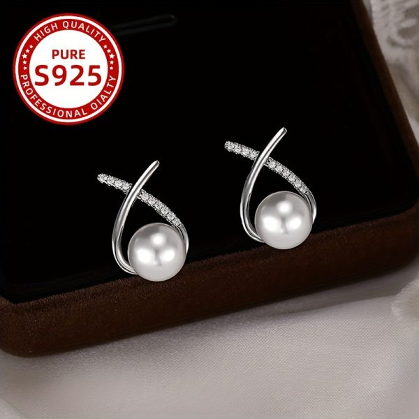 Elegant X-Shaped Freshwater Pearl Stud Earrings for Women - 925 Sterling Silvery with Zirconia Accents, Perfect for Daily Wear & Gifting - Image 6