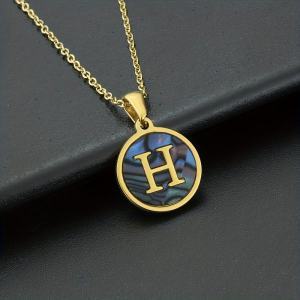 26-Letter Stainless Steel Round Abalone Pendant Necklace for Women - 18K Plated Jewelry with Personalized English Alphabet Letter Charm - Durable, Hypoallergenic, and Nickel-Free Accessories for Women's Everyday Wear - Image 17