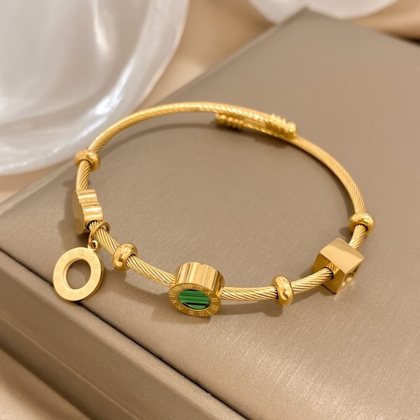 1pc Stainless Steel Retro Punk Style Adjustable Bangle, Golden Color with Elegant Green Stone & Roman Numerals, Ideal for Trendy Party Daily Wear and as Valentine's Day & Christmas Jewelry Gift for Women - Image 4