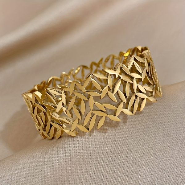 1pc Elegant Leaf-Design Wide Stainless Steel Cuff Bracelet - Unisex Statement Accessory for Casual & Formal Wear - Image 4