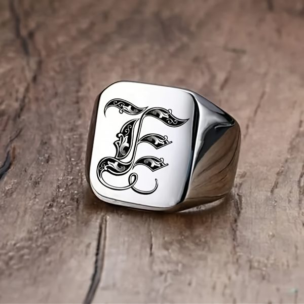 1pc Fashion Trendy 26 Letters Men's Square Stainless Steel Ring - Image 7