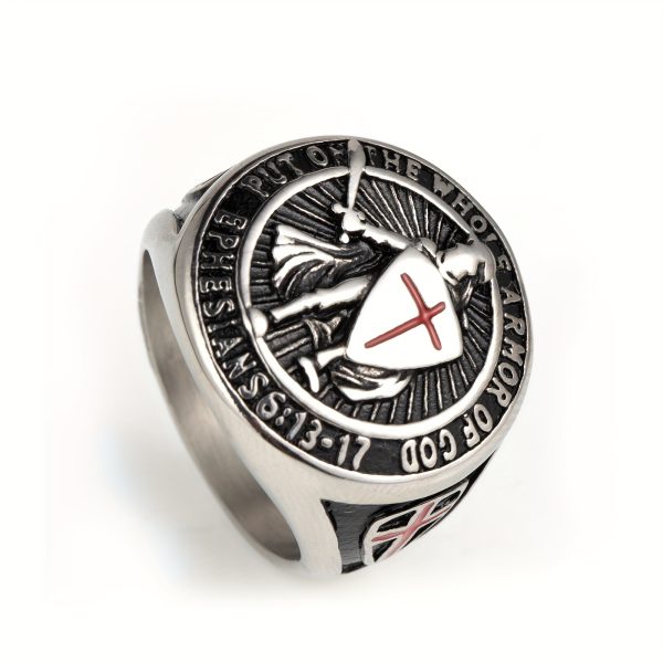 1pc Men's Bold Stainless Steel Knight Shield Ring - Medieval Inspired, Symbol of Protection, Perfect for Stylish Everyday Wear - Image 2